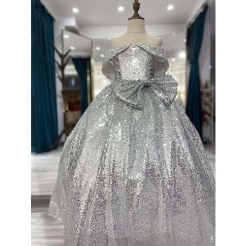 Girlss Princess Dresses Ball Gown Birthday Party Evening Dress Wedding Host Catwalk Show Lace Sequins Gray [8131]