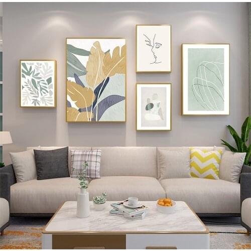 Modern Nordic Living Room Art Plant Leaf Abstract Geometric Line Figure Poster Canvas Painting Wall Art Picture Home Decoration