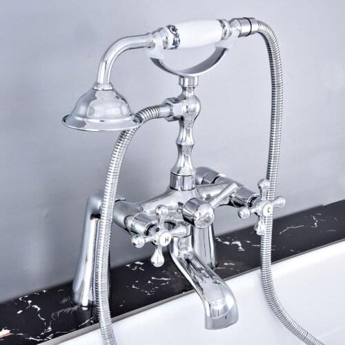 Modern Silver Chrome Brass Deck Mounted Bathroom Tub Faucet Set with 1500MM Handheld Shower Spray Head Bath Mixer Tap 2tf768