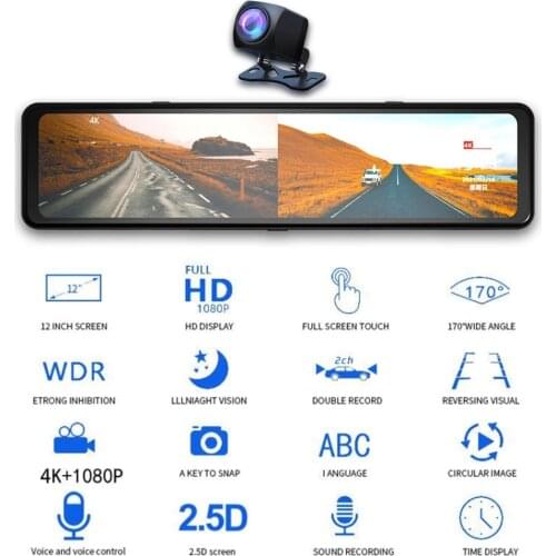 4K Dashboard Camera for Car 12" 170° 2.5D Touchscreen Rearview Mirror Dashcam WiFi Night Vision DVR + 1080p HD Rear View Camera