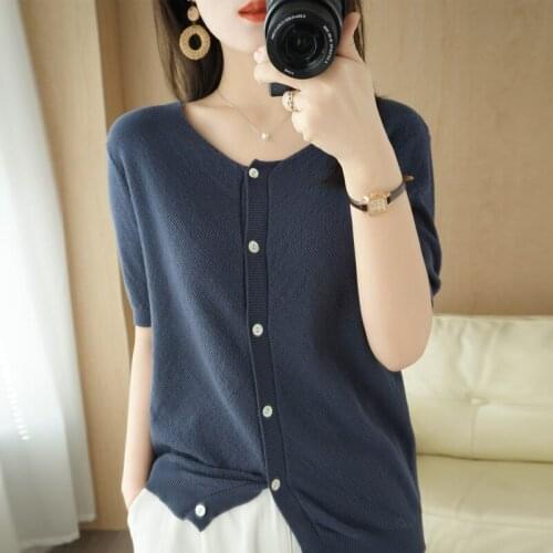 2021 Summer Short Sleeve Tshirts Fashion Cotton Women Tops Casual Slim Tees Solid Color T Shirt Korean Style O-neck Cardigan