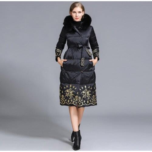 2016 winter Jacket Women Down Jackets embroidery Flower Fox Fur Hood Parka thick Womens down coat Slim long Duck down Outerwear