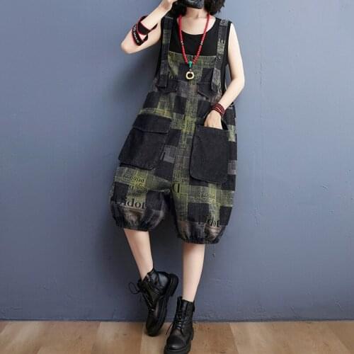 QPFJQD Ladies Plaid Denim Rompers Cotton Casual Loose Button Pocket New Thin Comfortable Denim Short Pants Summer 2021