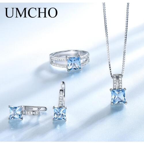 UMCHO Elegant 925 Sterling Silver Necklaces Rings Earrings Created Sky Blue Topaz Wedding Jewelry Set For Women With Box Chain