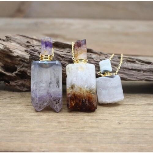 Natural Amethysts Quartz Geode Druzy Essential Oil Vial Pendant Necklace Raw Citrines Drusy Perfume Bottle Women Jewelry QC1112