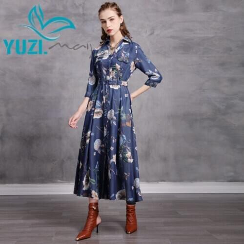 Woman Dress 2020 Yuzi.may Boho New Denim Women Dresses Turn-down Collar High Waist Floral Print Vestido A82265 Vestidos