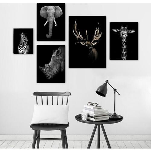 Animal Black Canvas Prints Painting Nursery POP Wall Art Pictures Elephant Poster for Home Decor Metal Organic Glass Frame