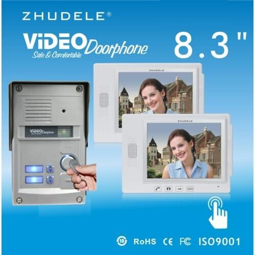ZHUDELE Home Intercom System 8.3"Video Door Phone Touch Key Doorbell&IR HD Home Security CCD Camera w/t ID Card unlocking 1V2