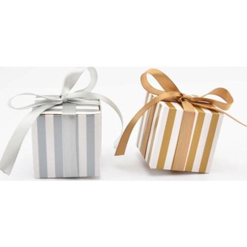 10pcs Gold Silver Stripes Candy Box With Ribbons For Wedding Party Favors And Gifts Bag For Guest Birthday Party Decoration
