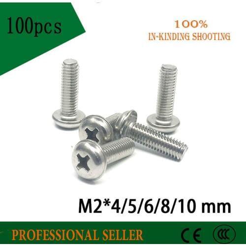 100pcs M2*4/5/6/8/10mm 304 stainless steel round head screws Pan head with pad screw With dental screw