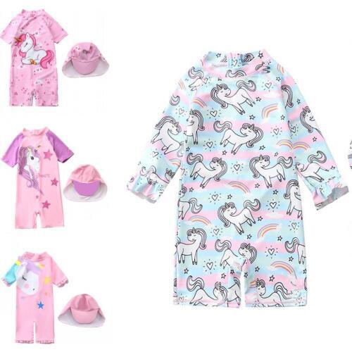 2020 Unicorn children swimwear rainbow print girls children swimsuits girls swimsuit kids bathing suit 1-6y Overall with Cap