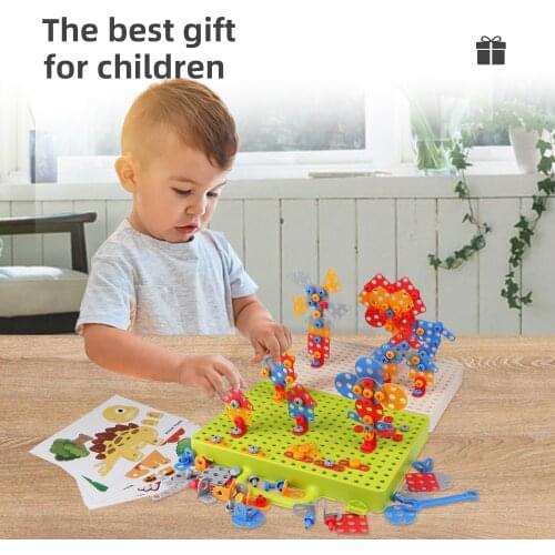 332pcs Drilling Screw 3D Creative Mosaic Puzzle Toys Building Bricks Toys Kids DIY Electric Drill Set Boys Educational Toy