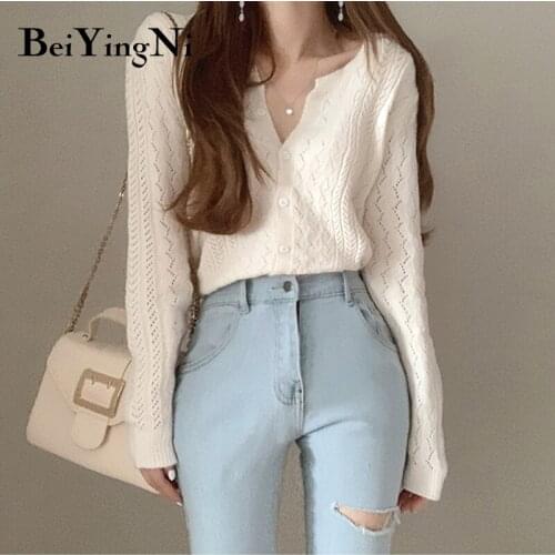 Beiyingni 2021 Korean Fashion Female Cardigan Hollow Out Knitted Coats Autumn Winter Casual Tops Black Sweaters Knitwear Jumper