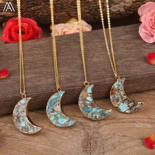 Natural Gold Line Turquoises Moon Shape Pendant Gold Tennis Chains Necklace For Women Stone Beads Adjustable Necklace Jewelry