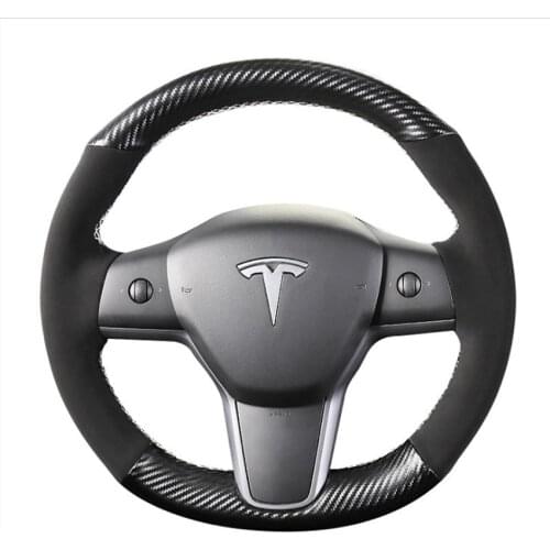 Interior DIY 3D Black Carbon Fiber&Black Suede Leather Steering Wheel Hand Sewing Wrap Cover Fit For Tesla model 3 2017-2020