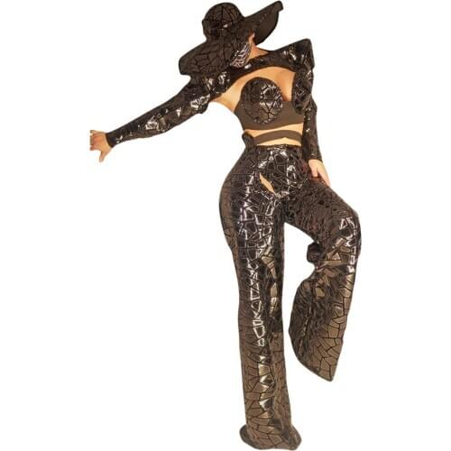 Black Sequins Bra Pant Shawl Cap Outfit Set Women Dancer Singer Show Wear Bar Party Evening Reflective Stage Performance Clothes