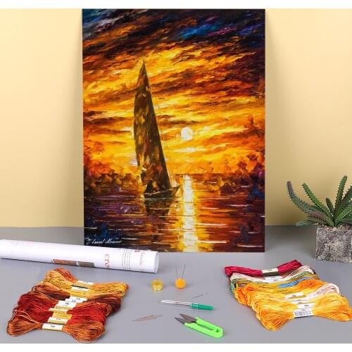 Oil Painting Style Fast Sail Printed Canvas 11CT Cross Stitch Complete Kit Embroidery DMC Threads Sewing Handmade Stamped