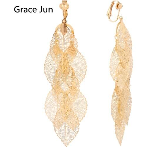 Korea Style Gold Color Copper Material Leaf Shape Clip on Earrings Without Pierced Bohemian Elegant Cuff Ear Clip Anti-allergy