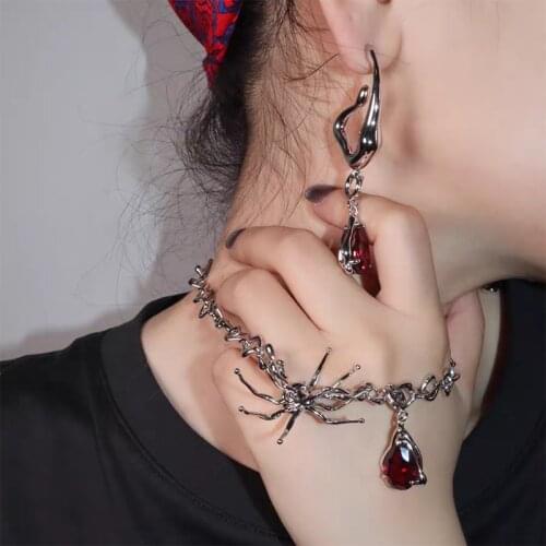 Kpop Hip Hop Spider Fake Ruby Red Crystal Zircon Chain Necklace Irregular Silver Color Titanium Steel Earrings For Women Party