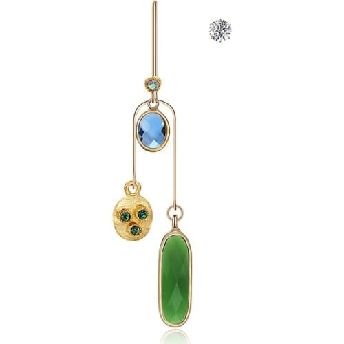 Fashion Asymmetric Drop Chain Dangle Earrings Women Rhinestone Ear Stud Jewelry