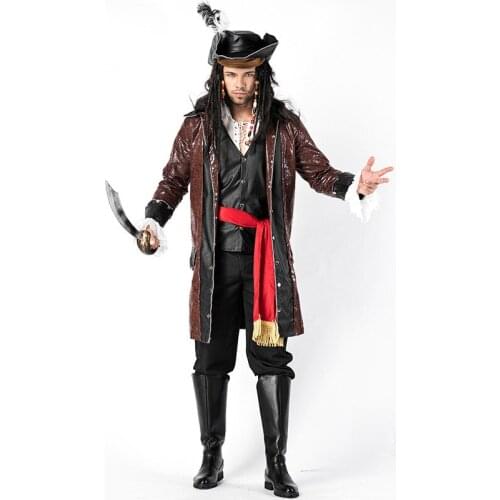 Men Pirates of the Caribbean Movie Cosplay Halloween Jack Sparrow Captain Costumes Carnival Purim Parade Stage Role Party Dress