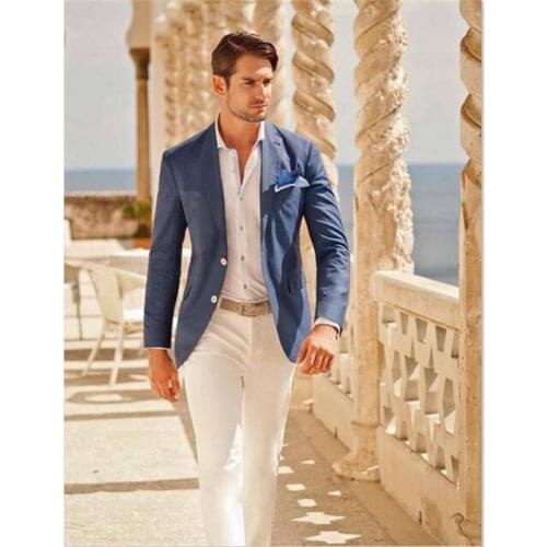 Mens Suits (Jacket+Pants) Casual Designer Summer Beach Wedding Suits for Men Blue Blazer White Pants 2 Pieces Street Prom Best