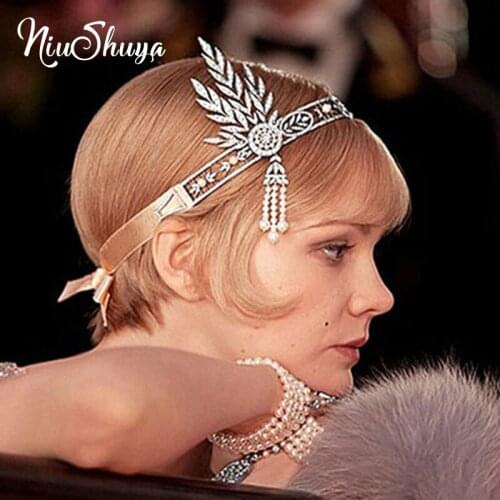NiuShuya1920s The Great Gatsby Hair Accessories Pearl Tassel Leaf Headpiece Wedding Head Jewelry Bridal Crystal Tiara Crown