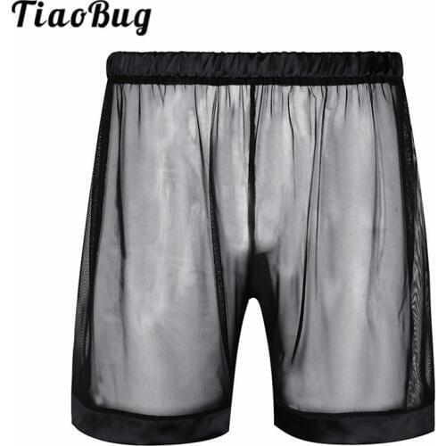 TiaoBug Black See-through Mesh Loose Lounge Sexy Men Boxer Shorts Underwear Nightwear Men Stretchy Breathable Lingerie Underpant