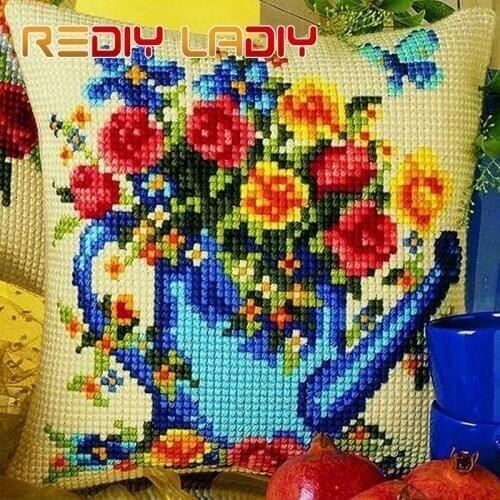 DIY Cross Stitch Cushion Sunflowers Chunky Yarn Cross-Stitch Kits Needlework Pre-Printed Canvas Pillow Home Decor Arts & Crafts