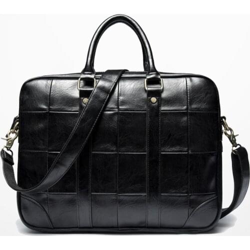Men Business Briefcase Casual Office Work Bags Vintage Brand Design Leather Mens Handbag Big 14" Laptop Bag Plaid Waterproof
