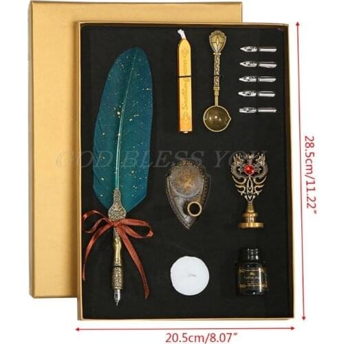 Sprinkle Gold Luxury Vintage Feather Quill Dip Calligraphy Fountain Pen Writing Ink 5 Nibs Set Stationery Gift Box Drop Shipping