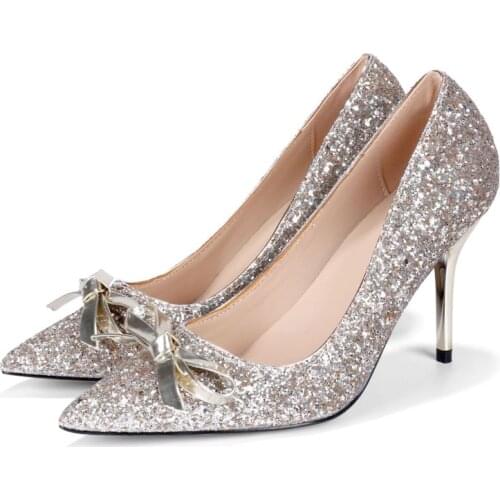 Luxury Women Pumps 2020 Thin High Heels Sequined Cloth Slip On 5CM 7CM 9CM Pointed Toe Butterfly-knot Rhinestones Women Shoes