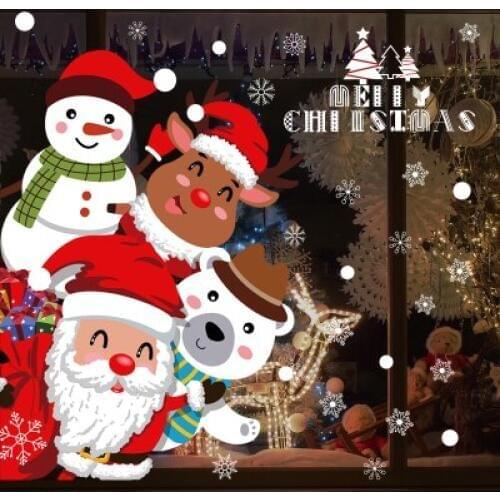 Removable Christmas Wall Stickers Santa Claus Deer Snowflake New Year Holiday Posters Cartoon Kindergarten Classroom Wallpaper