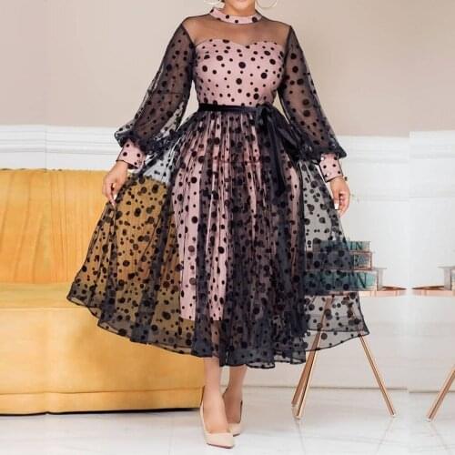Spring Autumn Africa Clothing Long Sleeve Dress Sexy O-Neck Perspective Slim Dress Office Lady Party African Dresses For Women