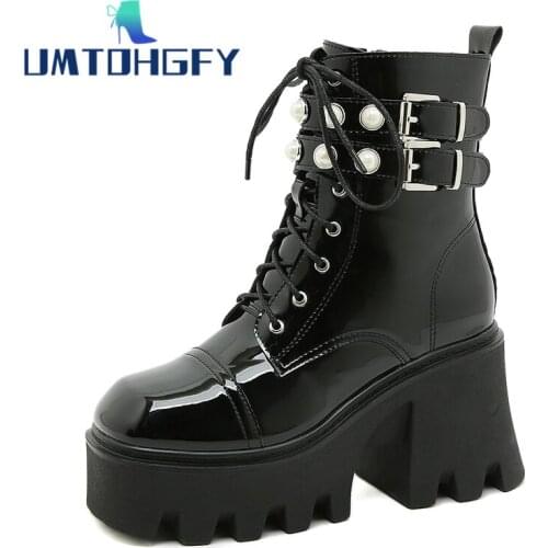 Europe Sexy Ladys 9.5cm Platform Boots Chunky Punk Patent Leather Womens Gothic Modern Shoes Ankle Nightclub Lace Up Zipper Peal