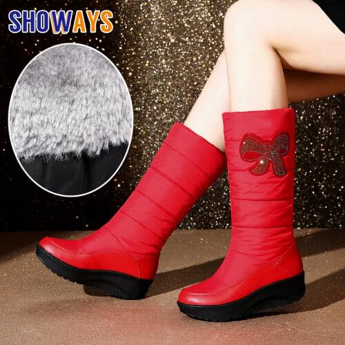 2021 Winter Women Mid-calf Snow Boots Waterproof Red Black Down Wedge Platform Heels Slip-on Fur Crystal Bowtie Lady Half Boots