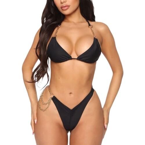 2020 Women Swimwear Personality Chain Bikini Suits Sexy Backless Halter Top and Tight Mid Waist Thong Split Swimsuit Beachwear
