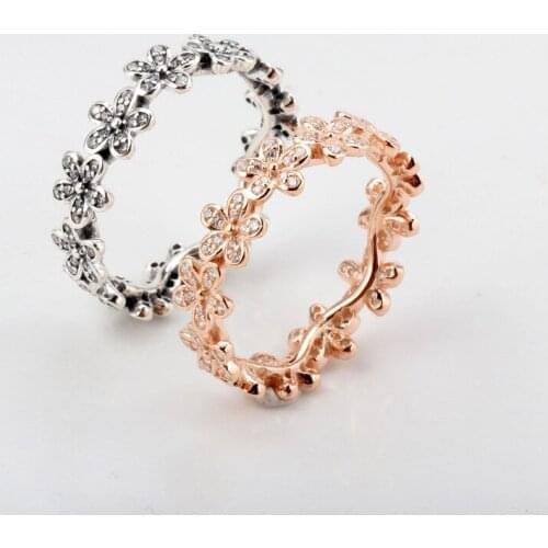 925 Sterling Silver Pan Ring Rose Gold Dazzling Daisy Flower Chain With Crystal Rings For Women Wedding Party Jewelry