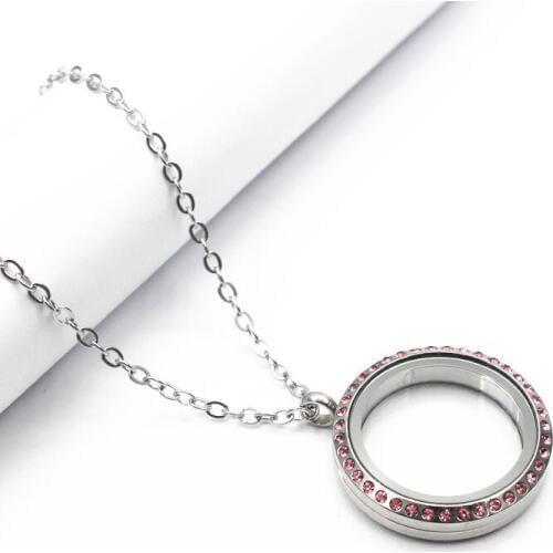 30mm Free Chain Twist Pink Crystal Stainless Steel Floating Lockets Necklace Glass Locket Pendant Necklace Jewelry For Women