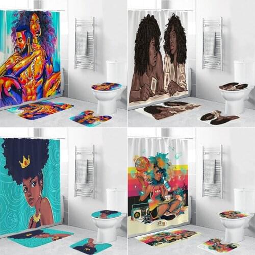 African Loving Couple Fabric Shower Curtain Set Bath Mats Rugs Personality Girl Bathroom Curtains Anti-skid Mat Toilet Cover