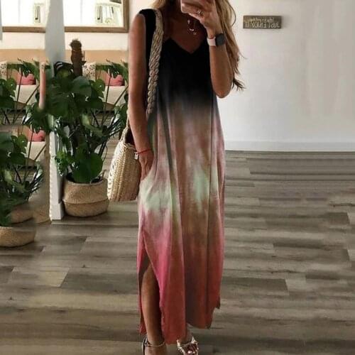 @ Summer Women Boho Maxi Dress Tie Dye Fashion Casual Tie-dye Print Sleeveless Dress V-neck Pocket Long Dress Female Vestidos