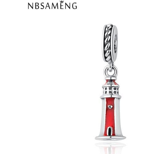 New 100% 925 Sterling Silver Bead Charm Red Enamel Beacon Lighthouse Beads Charms Pendant Fit Bracelet Women Diy Jewelry