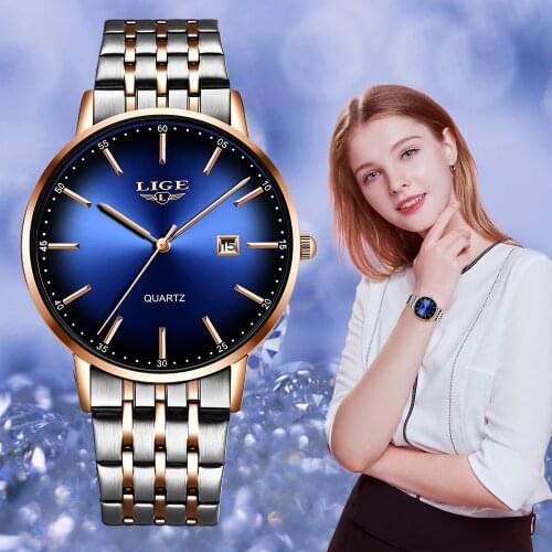 2021 LIGE Women Watches Ultra-thin Stainless Steel Wristwatch Waterproof Top Brand Luxury Casual Ladies Watch Bracelet Clock+Box