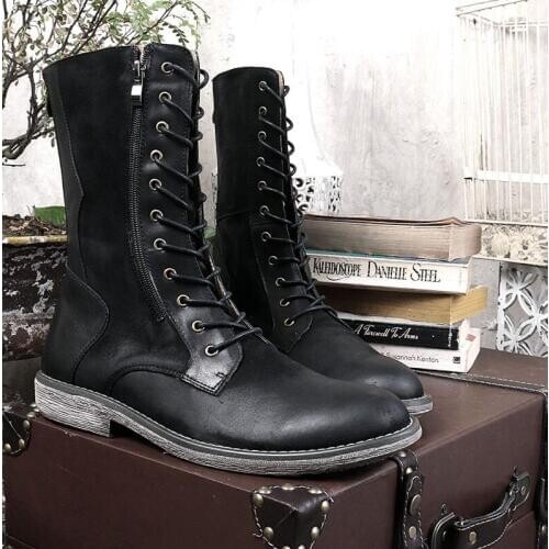 Black Mens leather boots fashion cool tooling boots casual military boots high shaft motorcycle boots for cow boys