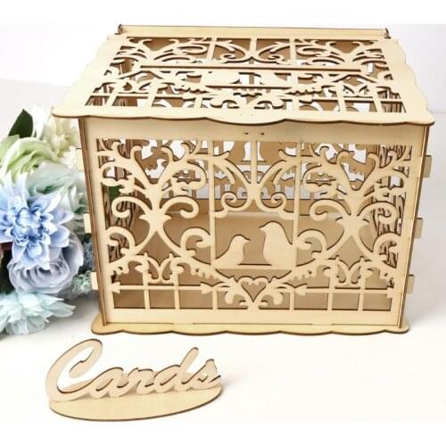 DIY Wedding Gift Couple Birds Wooden Card Money Box Case With Lock Rustic Beautiful Birthday Party Favors Decoration Supplies