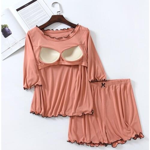 Fdfklak M-2XL Large Size Sleeping Pyjamas Suit Summer With Chest Pad Set Sleepwear Clothes For Women 2021 New Modal Pijama