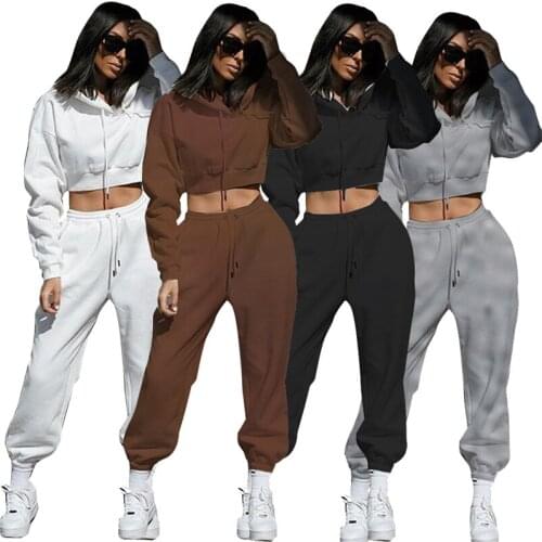 Fleece Tracksuit Women Two Piece Set Autumn Winter Clothes Solid Hooded Crop Top and Pants Sweat Suit Casual Womens Sets Outfit
