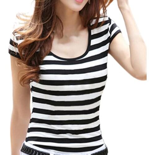 2021 Newest Summer Women Casual Short Sleeve Polyester Striped O-neck All-matched T-shirt Plus Size 2XL For Female