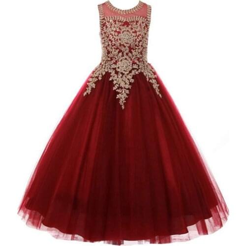 Custom made lace sleeveless red girl ball gown dress