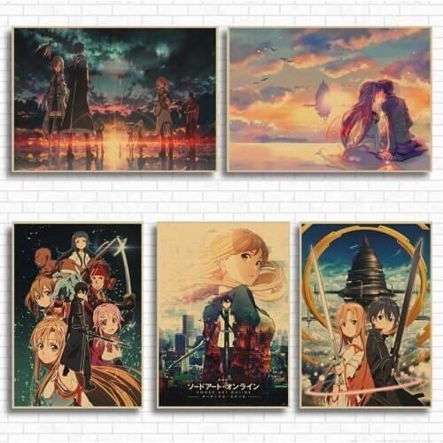 LeagueVideo Game Sword Art Online Kirito Asuna Japan Anime Kraft Poster Prints Art Wall Pictures For Living Room Home Deco